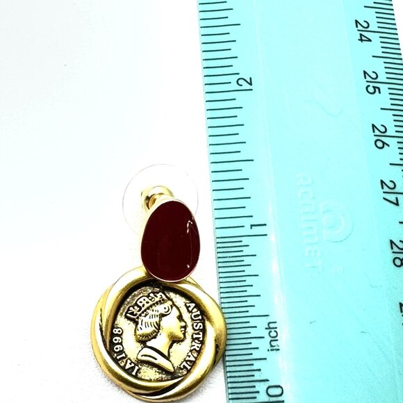 Womens Ancient Coin Gold Tone Earrings Pierced Dark Red Enamel Chandelier New - Picture 4 of 4